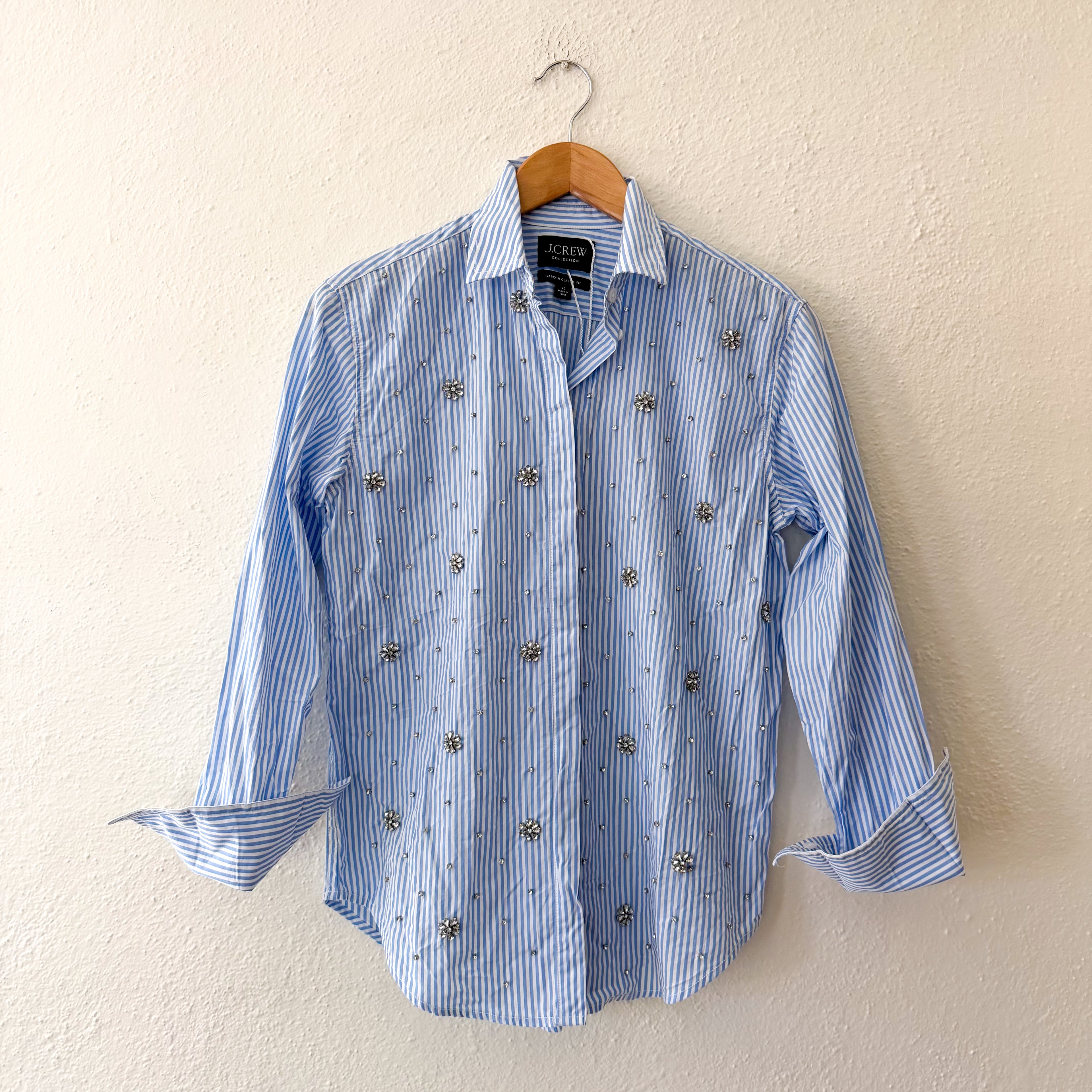J.Crew Collection Garçon Button Down Rhinestone Embellished Long Sleeve Dress Shirt in Blue Pinstripe | 00