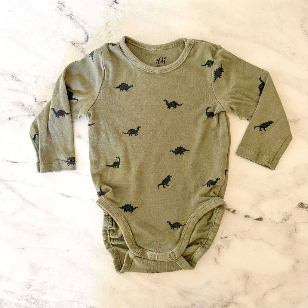 H&M Organic Cotton Dino & Stripe Long Sleeve Bodysuit Bundle | 3-6m