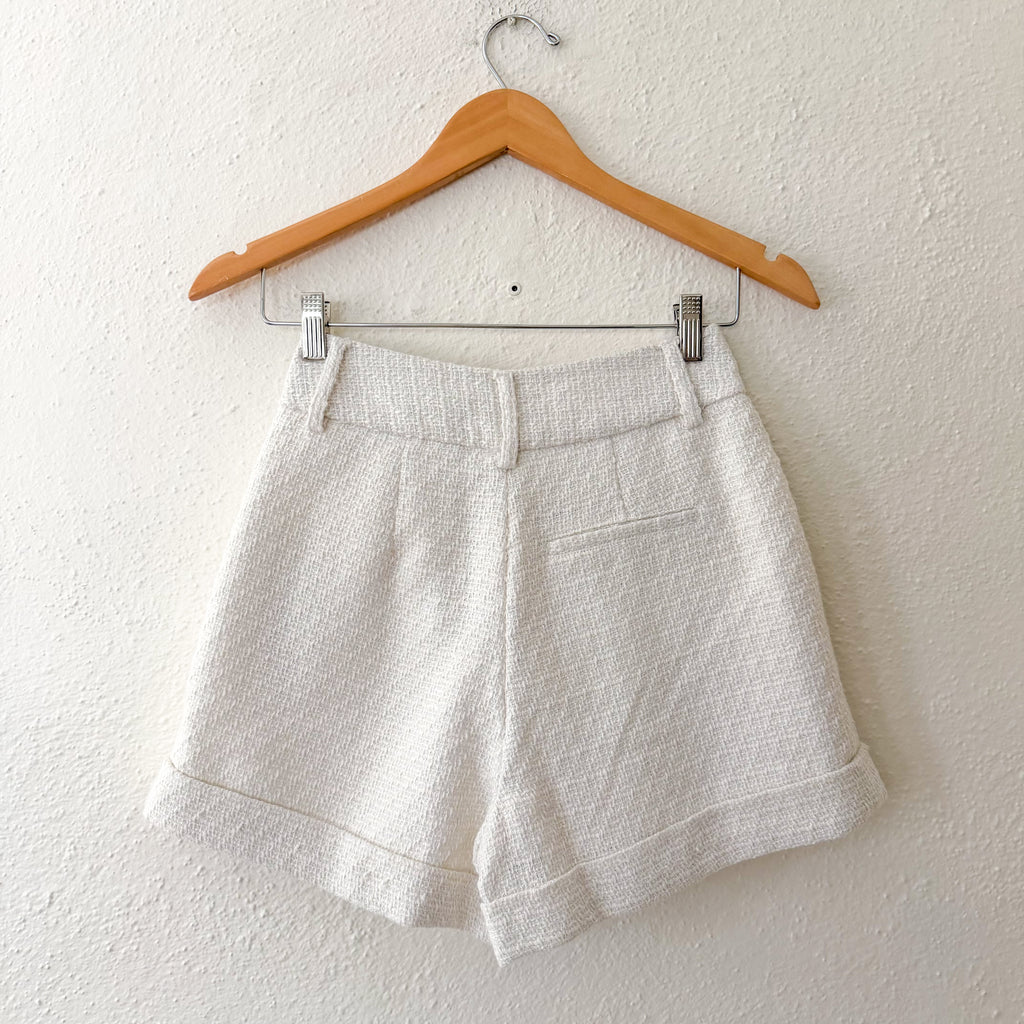 NA-KD Tweed Mid-Rise Pleat Detail Shorts in White | 34/2