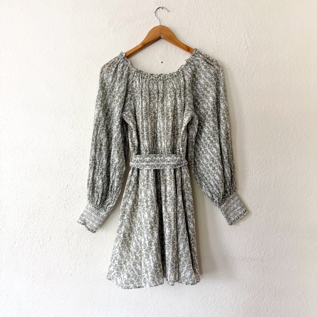 Alice + Olivia Boho Green Filigree Long Sleeve Mini Dress | XS