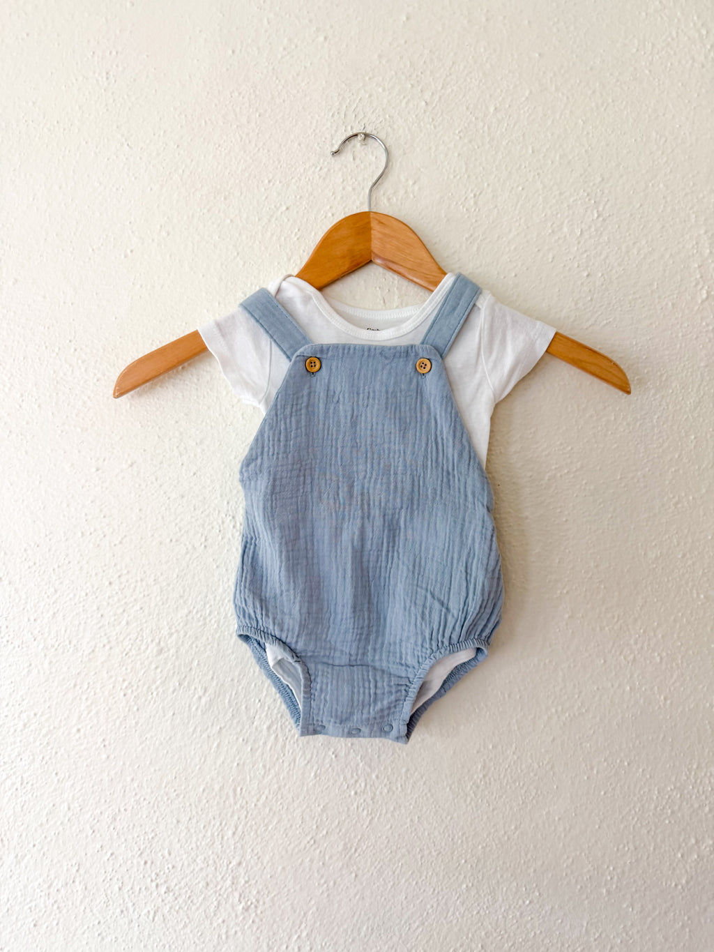 Little Planet Organic Ocean Blue Gauze Bubble Romper Overalls + Gerber White Bodysuit | 6-12m