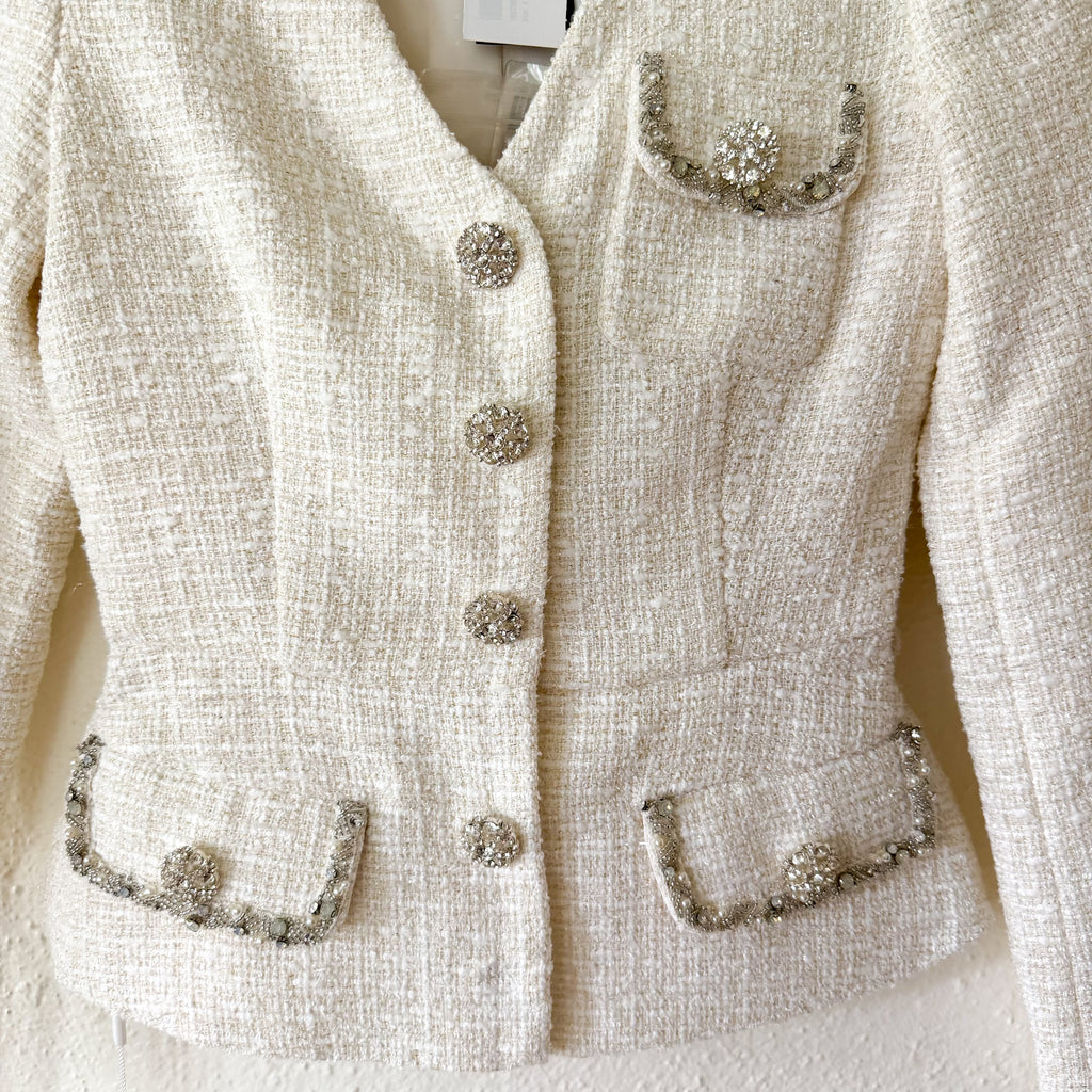 Self-Portrait Cream Rhinestone Embellished Tweed Boucle Belted Jacket | 0