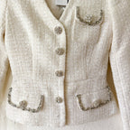 Self-Portrait Cream Rhinestone Embellished Tweed Boucle Belted Jacket | 0