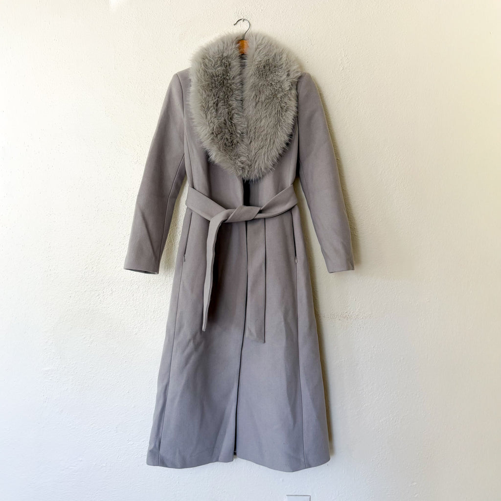 Mango MNG Detachable Faux Fur Collar Longline Wool-Blend Belted Coat in Ice Grey | XXS