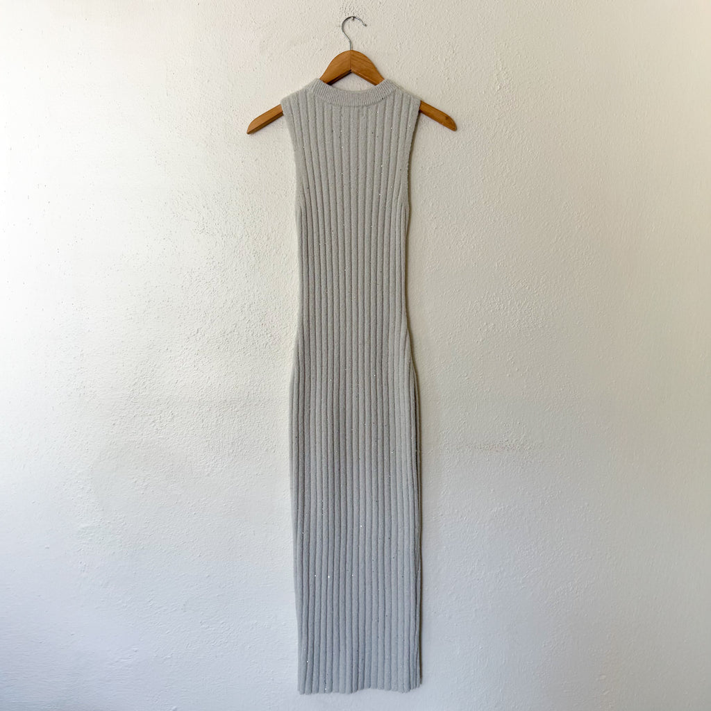 Open Edit Sleeveless Crewneck Sequin Ribbed Midi Sweater Dress in Ice Grey | XS