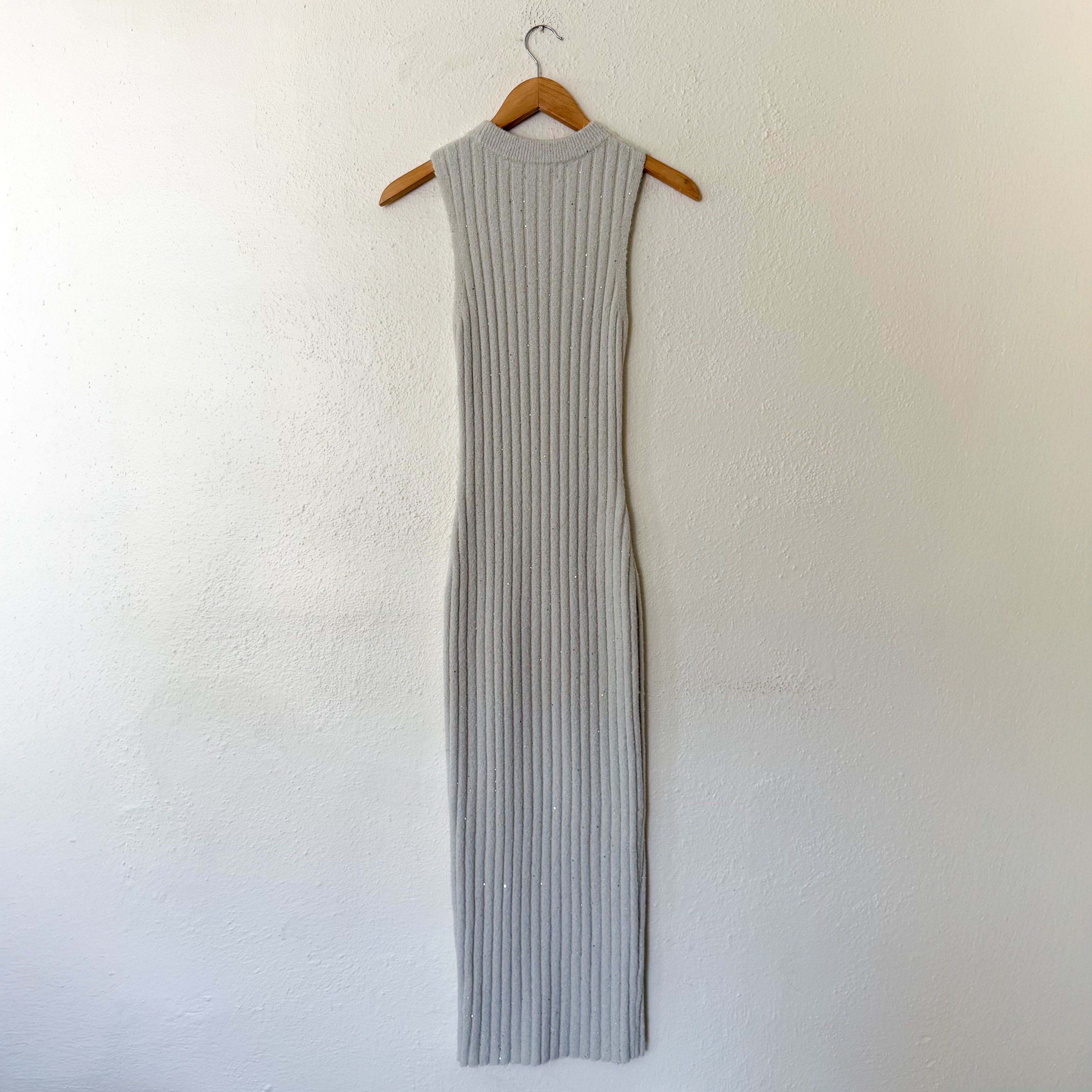 Open Edit Sleeveless Crewneck Sequin Ribbed Midi Sweater Dress in Ice Grey | XS