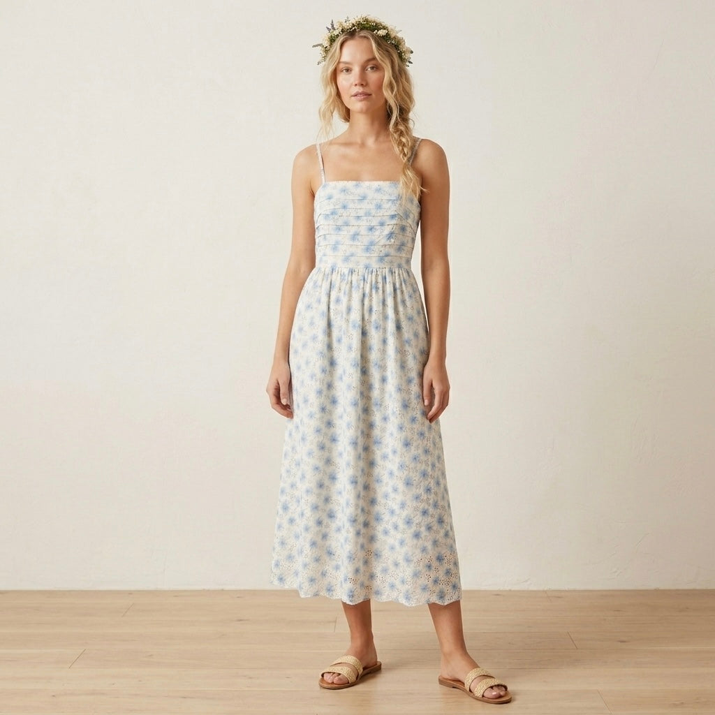 Petal & Pup Blue & White Lisette Strapless Midi Dress | XS