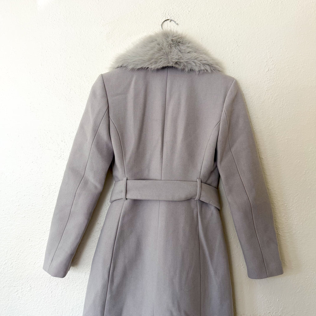 Mango MNG Detachable Faux Fur Collar Longline Wool-Blend Belted Coat in Ice Grey | XXS