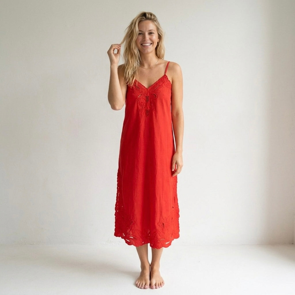 Juliet Dunn London Red Wave Cotton Poplin Strappy Embroidered Lace Midi Slip Dress | sz 1 (S-4/6)