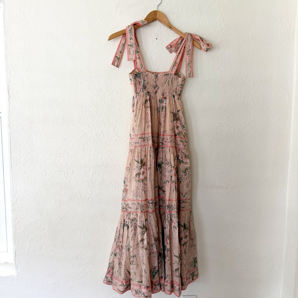 Zimmermann Pink Floral Moonshine Strappy Tie Shoulder Maxi Dress | 0P