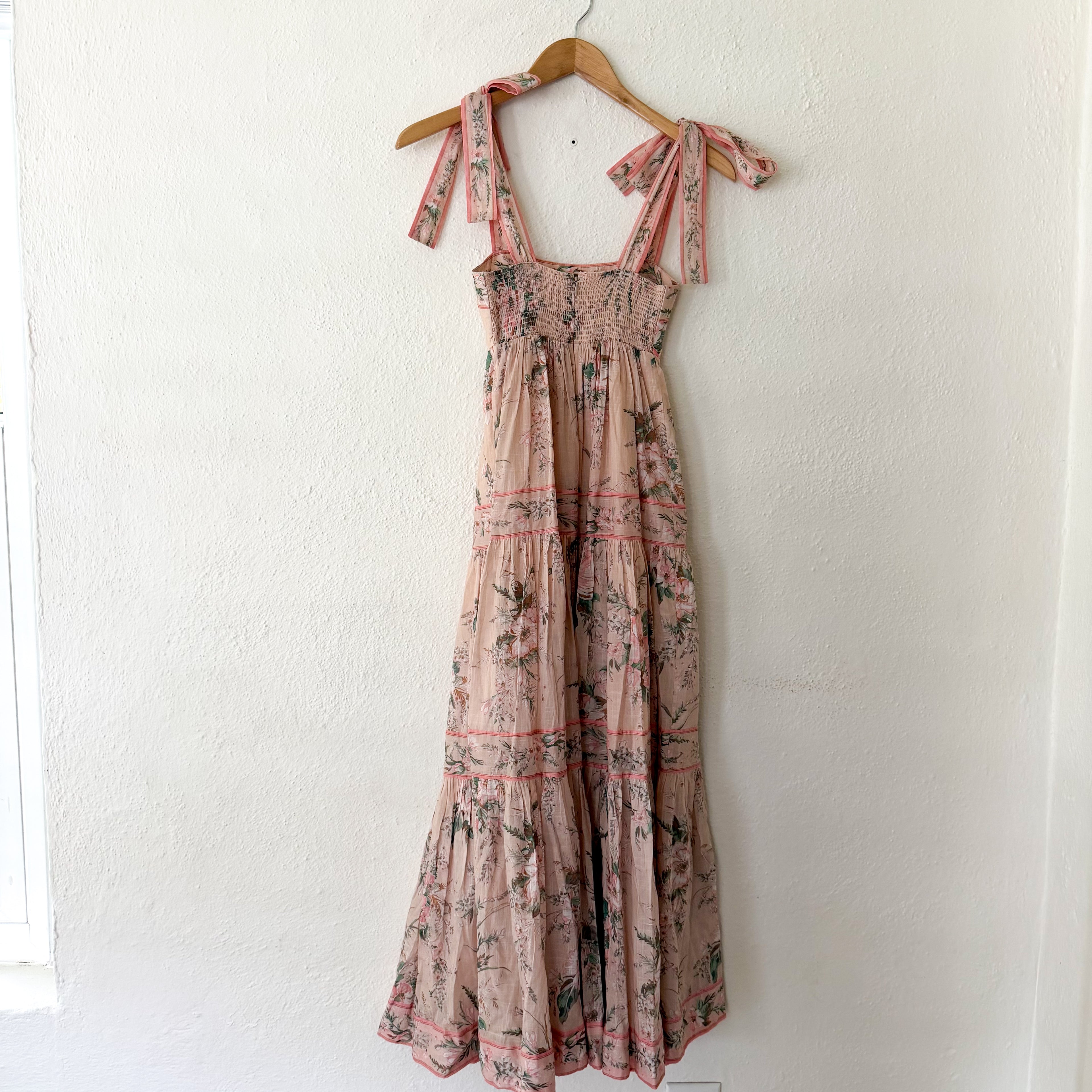 Zimmermann Pink Floral Moonshine Strappy Tie Shoulder Maxi Dress | 0P