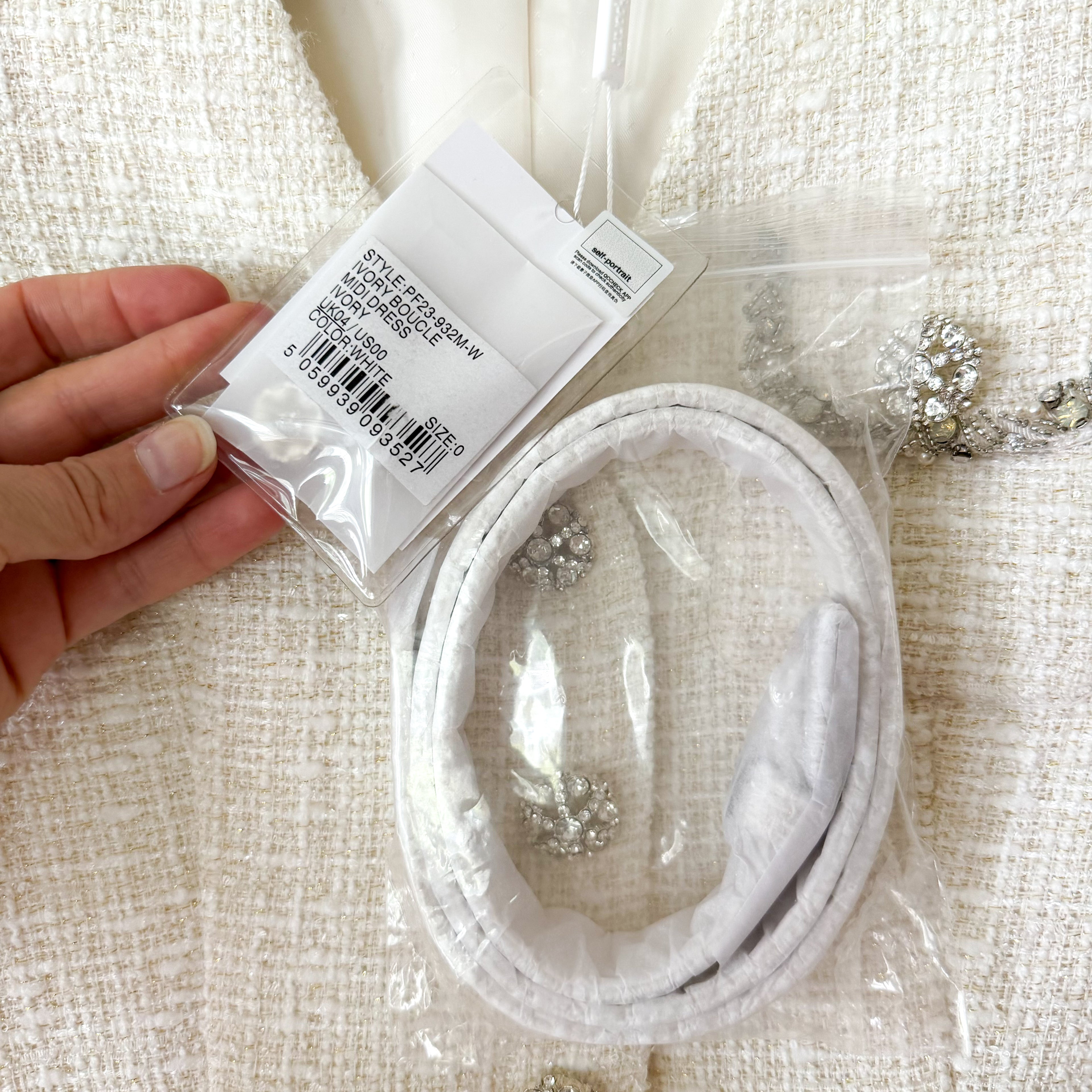 Self-Portrait Cream Rhinestone Embellished Tweed Boucle Belted Jacket | 0