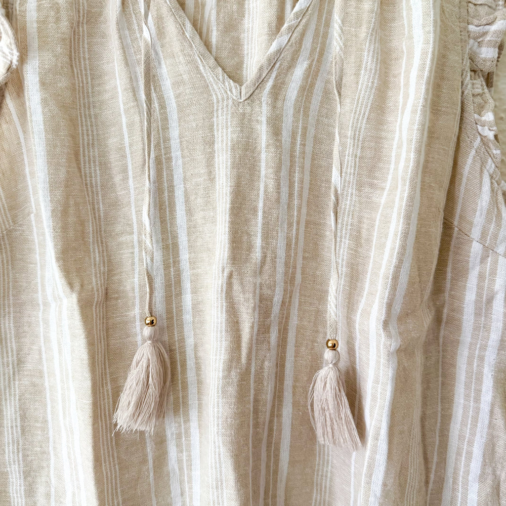 Ellen Tracy Linen Blend Tan Stripe Sleeveless Top | S