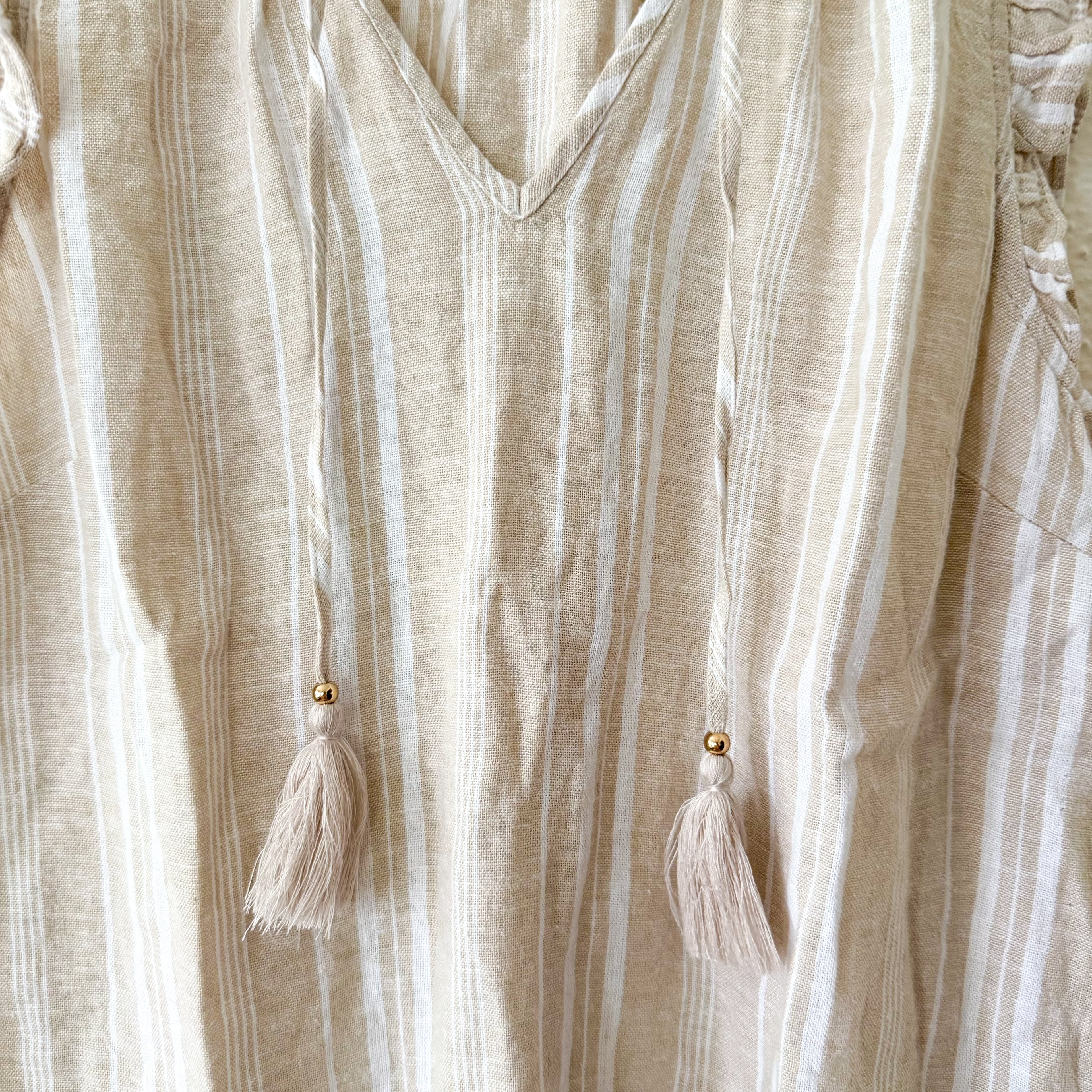 Ellen Tracy Linen Blend Tan Stripe Sleeveless Top | S