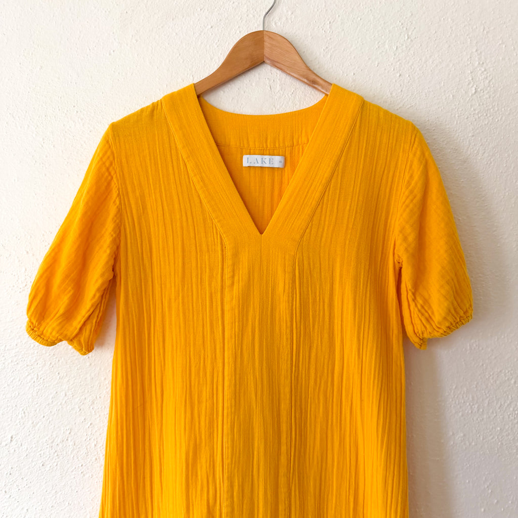 LAKE Golden Yellow 100% Cotton Gauze Caftan Midi Dress | XS