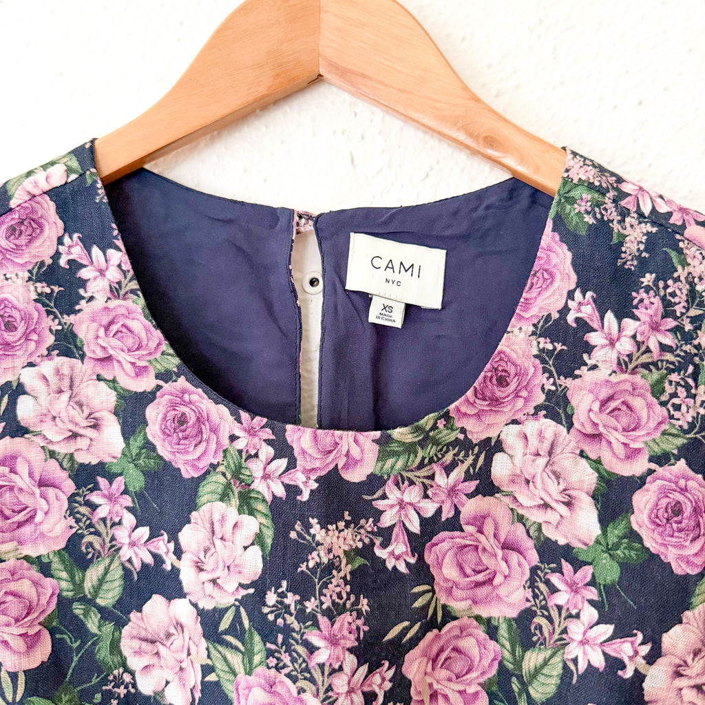 Cami NYC 100% Linen Cropped Purple Floral Puff Sleeve Blouse | XS