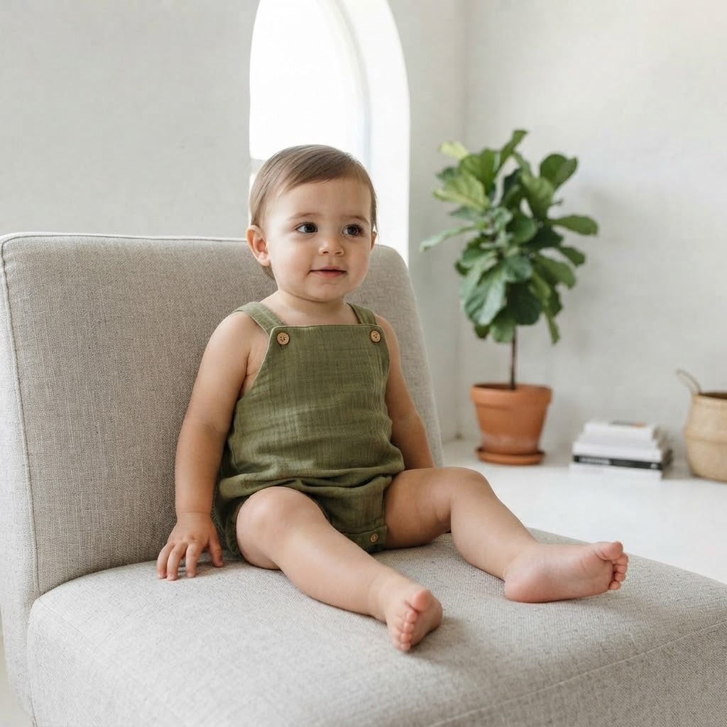 Little Planet Organic Olive Green Gauze Bubble Romper Overalls | 12-18m
