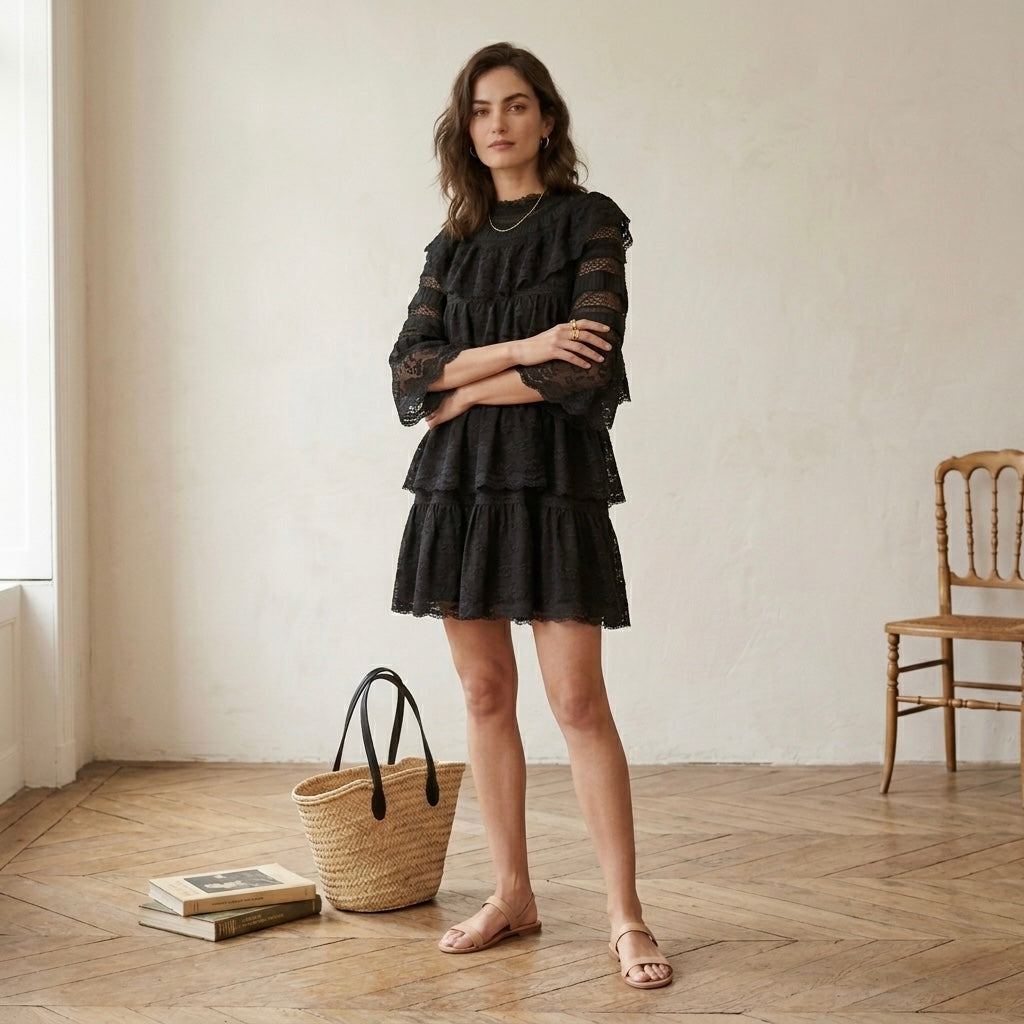 DÔEN Oralie Black Lace 3/4 Sleeve Mini Dress | XS