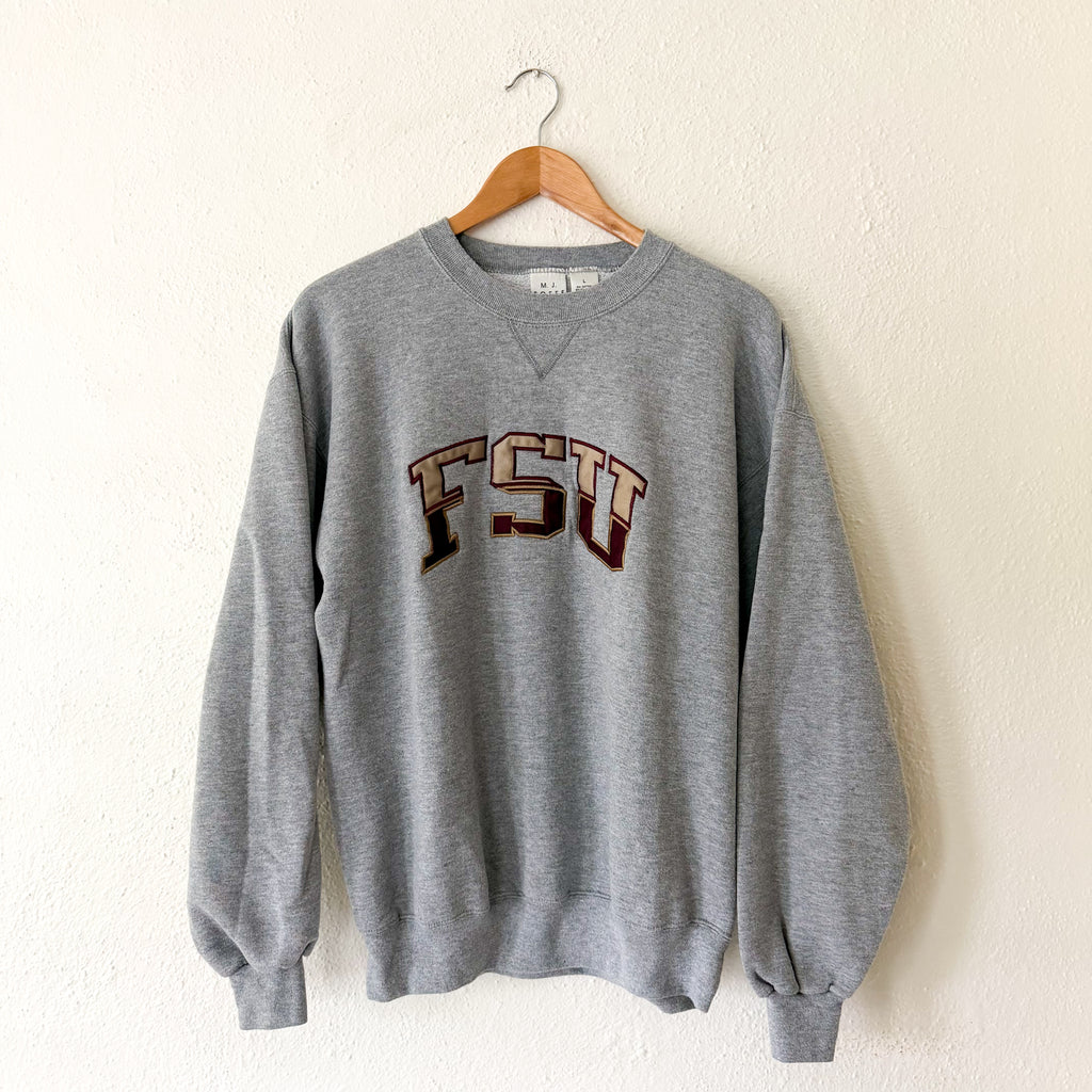 M.J. Soffe Vintage Grey FSU Florida State Embroidered Crewneck Sweatshirt | L