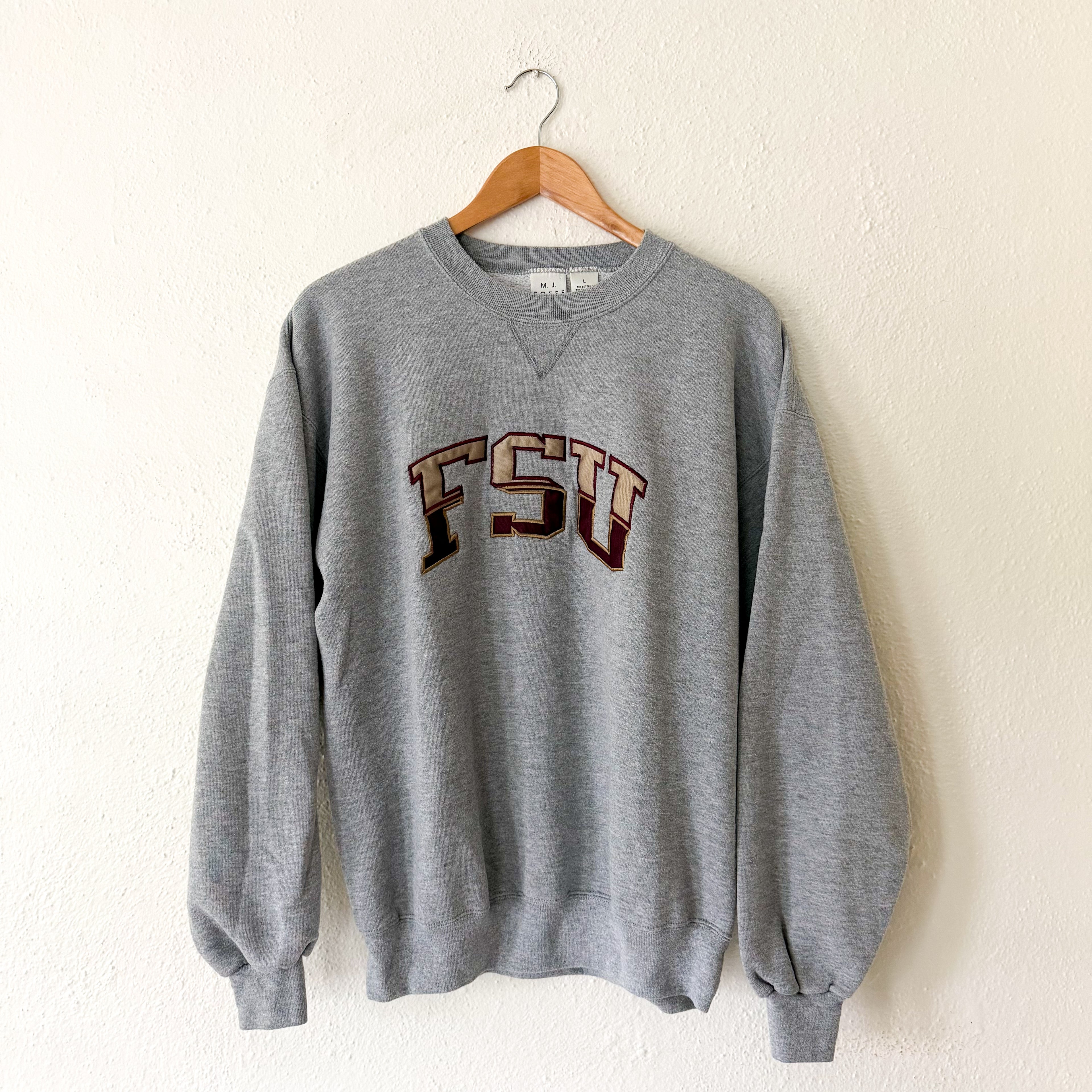 M.J. Soffe Vintage Grey FSU Florida State Embroidered Crewneck Sweatshirt | L
