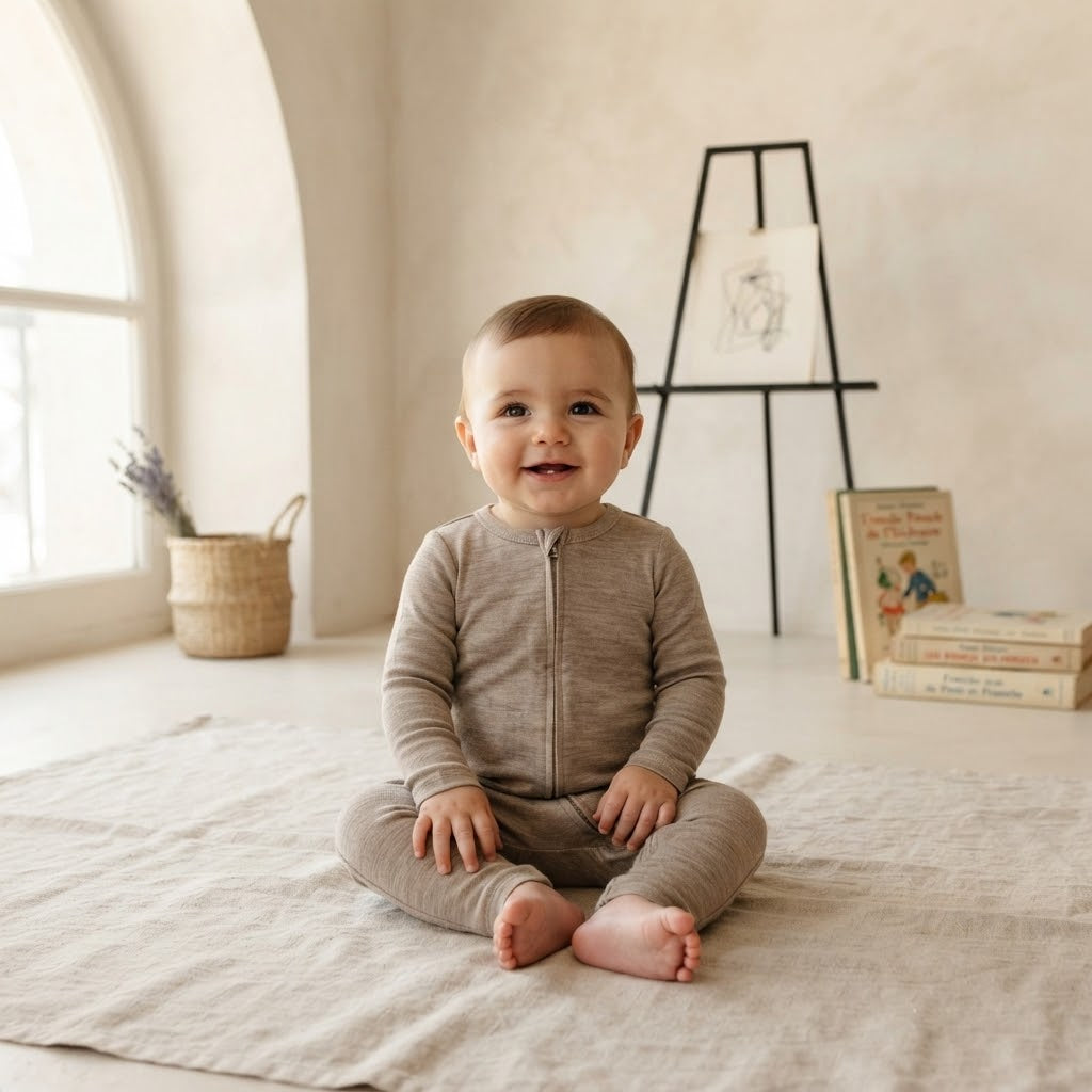 H&M 100% Washable Wool Beige Melange Long Sleeve Zipper Jumpsuit | 6-9m