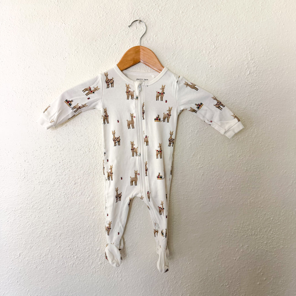 Petit Lem Organic Cotton Holiday Cream Reindeer 2-Way Zipper Footed Sleeper | 3-6m
