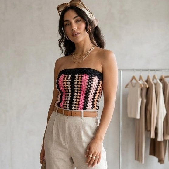 NBD Revolve Crochet Pink & Black Strapless Tube Top | XS