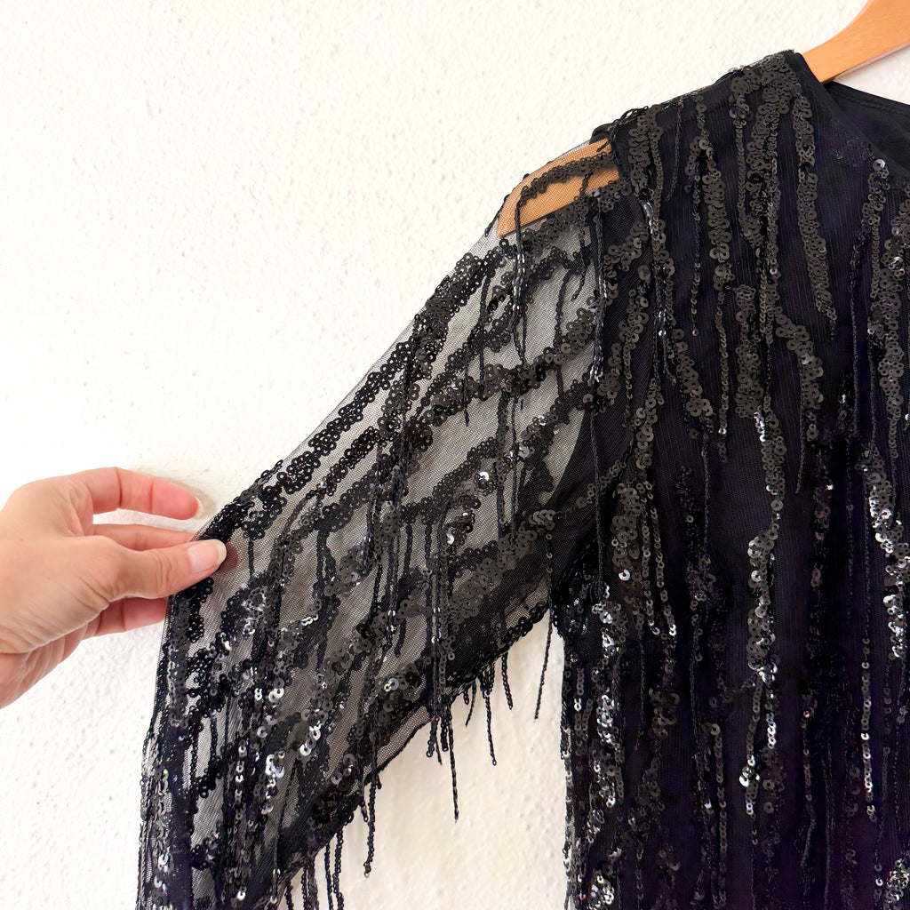 White House Black Market Black Long Sleeve Fringe Mini Dress | 0