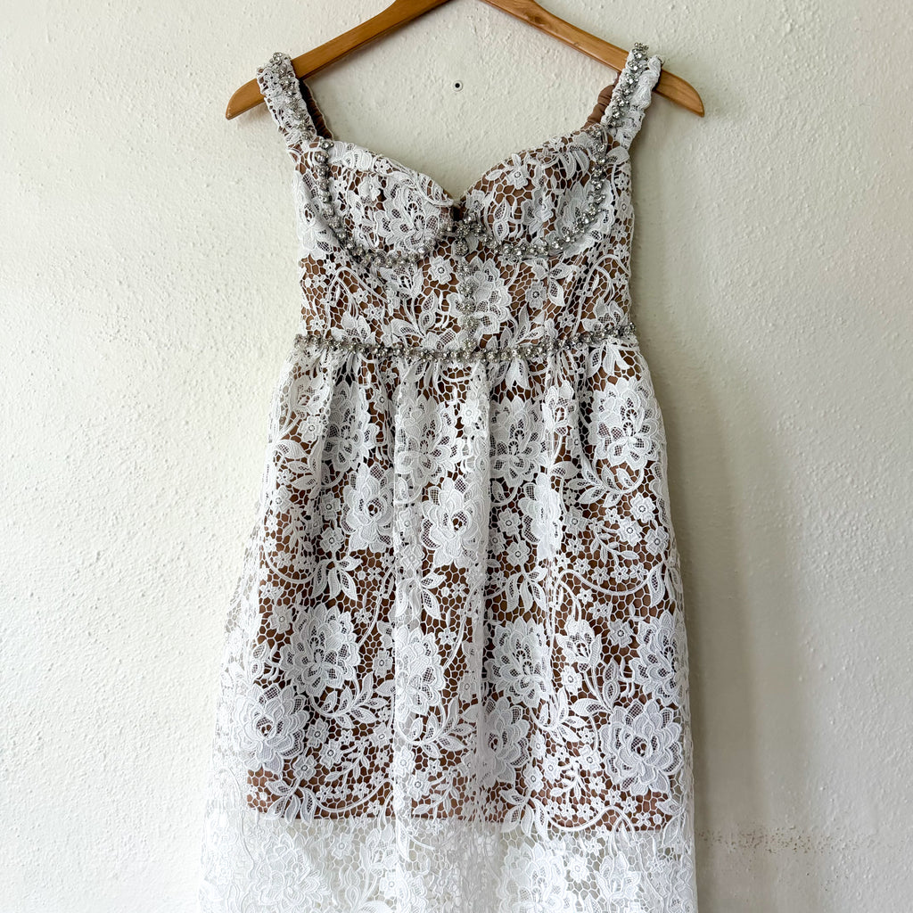 Self-Portrait White Diamante Rhinestone Embellished Lace Midi Dress | 0