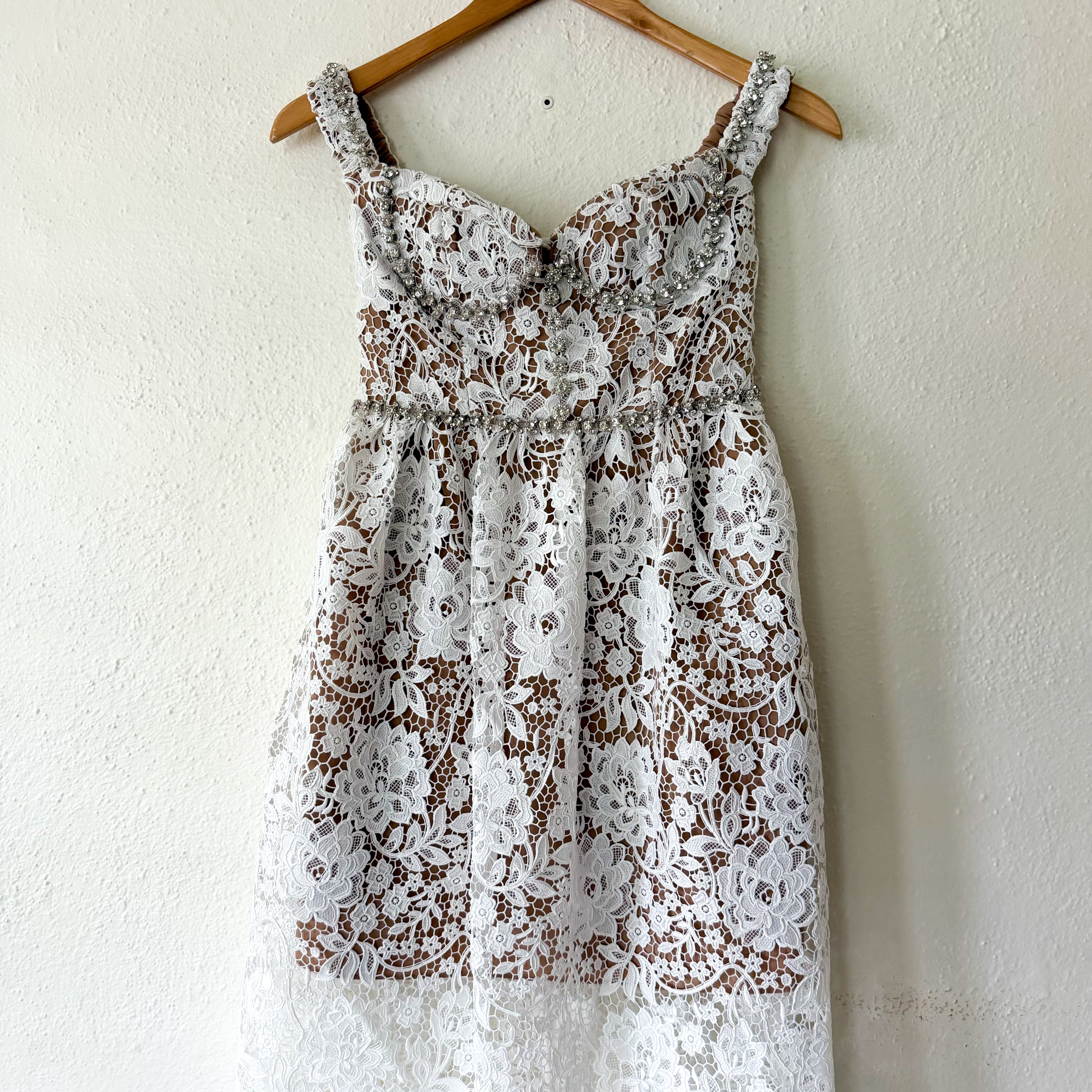 Self-Portrait White Diamante Rhinestone Embellished Lace Midi Dress | 0