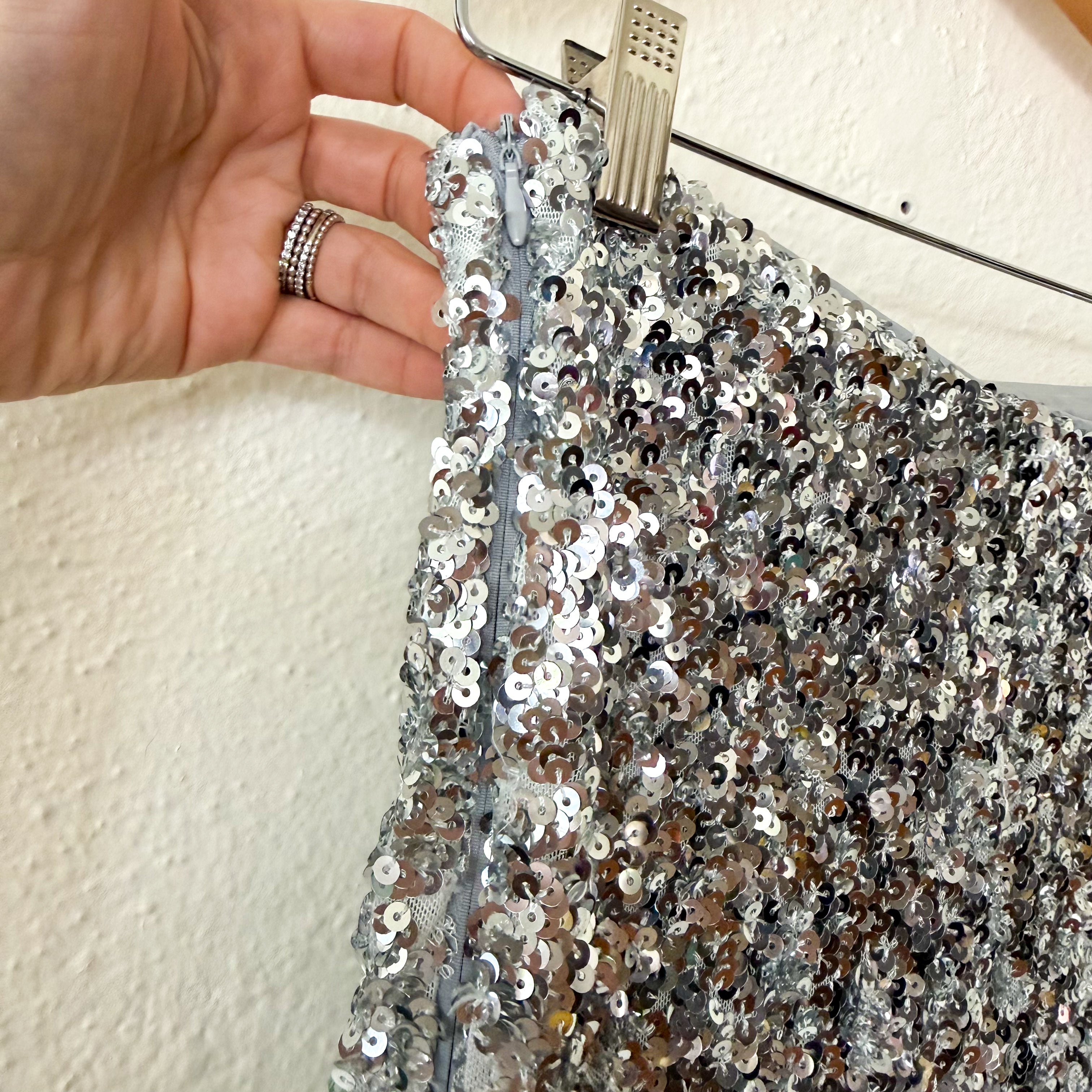 Mango MNG Silver Sequin Midi Straight Pencil Skirt | S