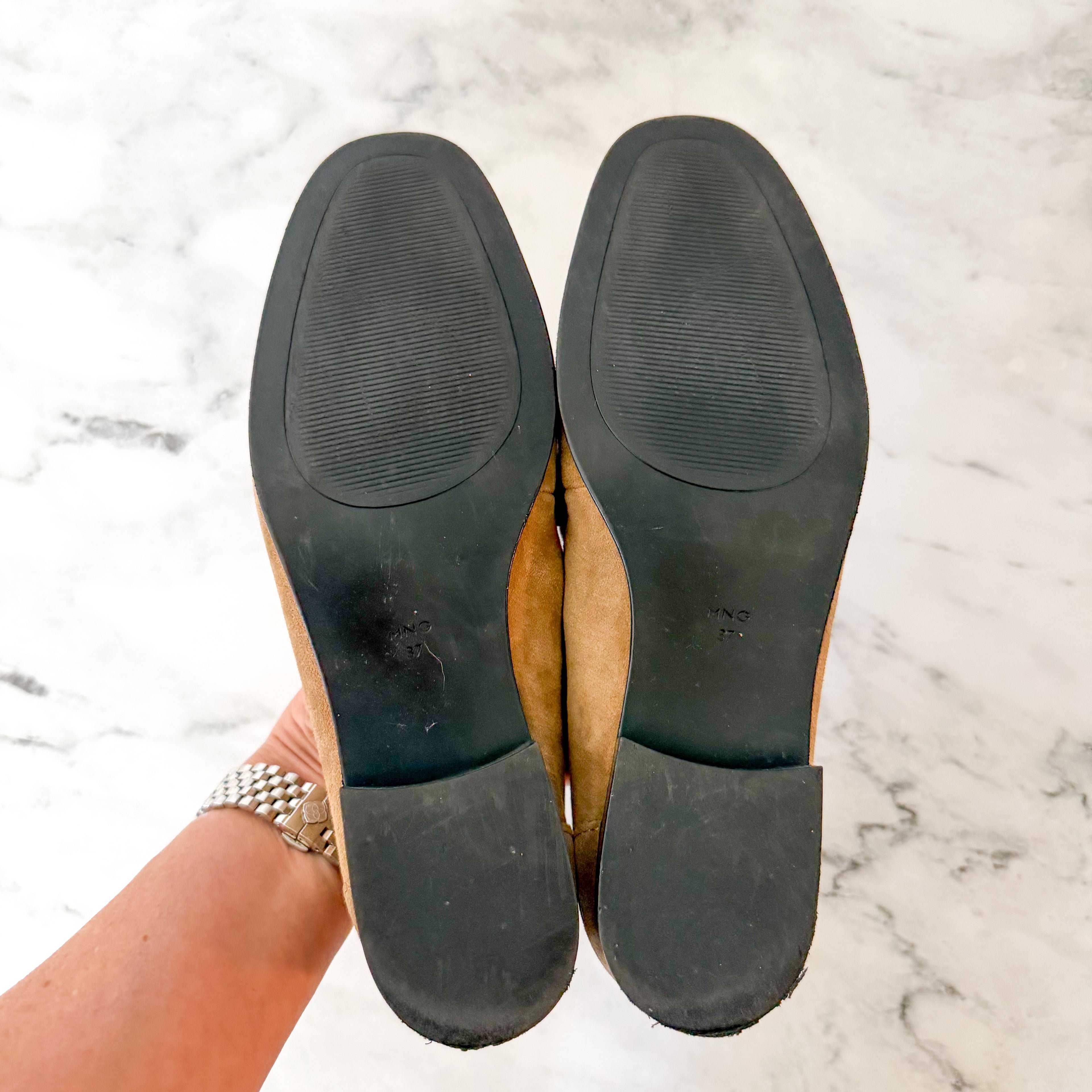 MNG Mango Suede Horsebit Buckle Loafers in Caramel, sz 37/US 6.5