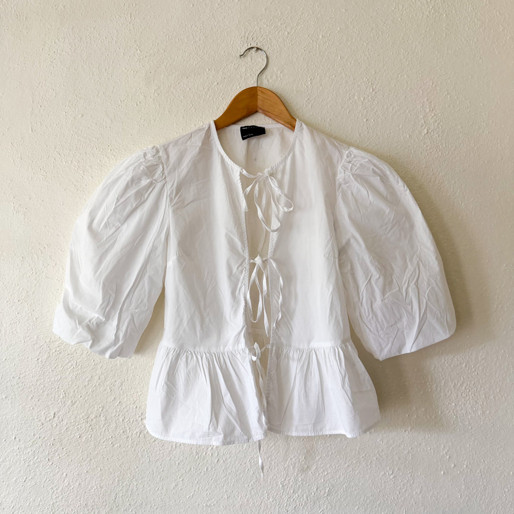 ASOS Design White Cotton Poplin Peplum Tie Puff Sleeve Shirt | XS