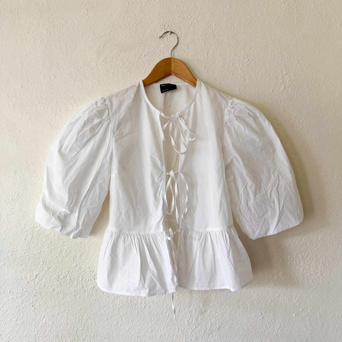 ASOS Design White Cotton Poplin Peplum Tie Puff Sleeve Shirt | XS