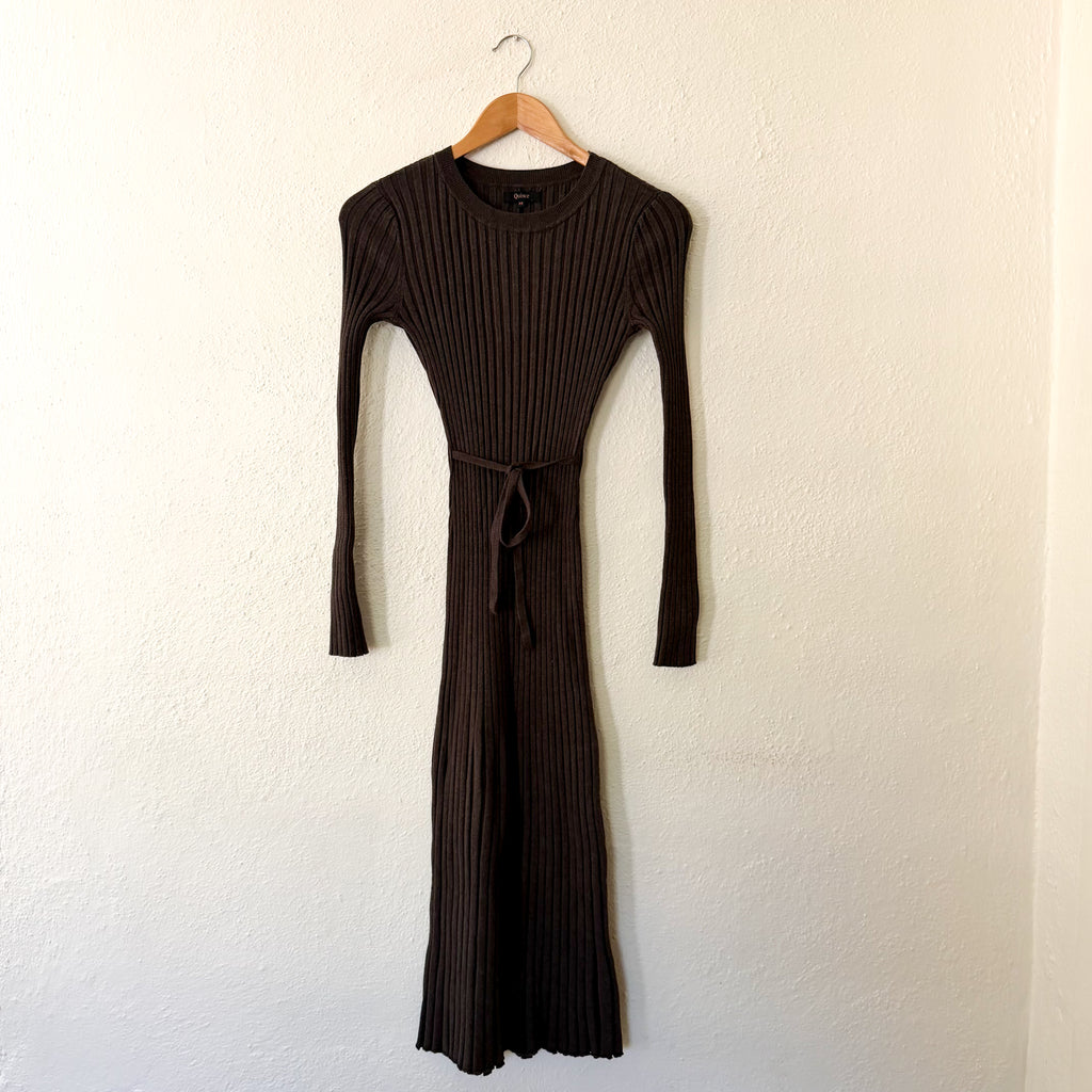 Quince Cotton Cashmere Ribbed Long Sleeve Crew Midi Sweater Dress in Brown Heather | XS