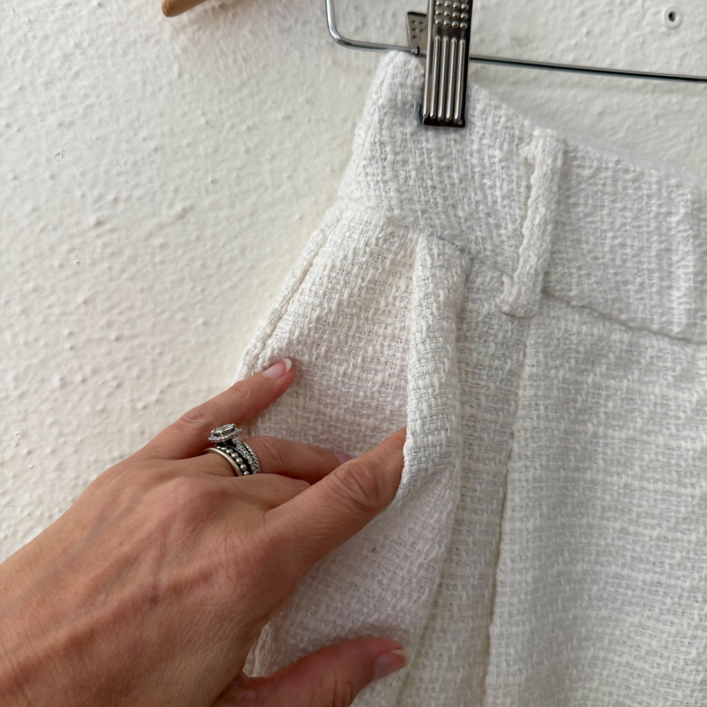 NA-KD Tweed Mid-Rise Pleat Detail Shorts in White | 34/2