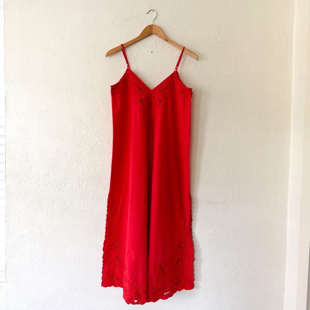 Juliet Dunn London Red Wave Cotton Poplin Strappy Embroidered Lace Midi Slip Dress | sz 1 (S-4/6)