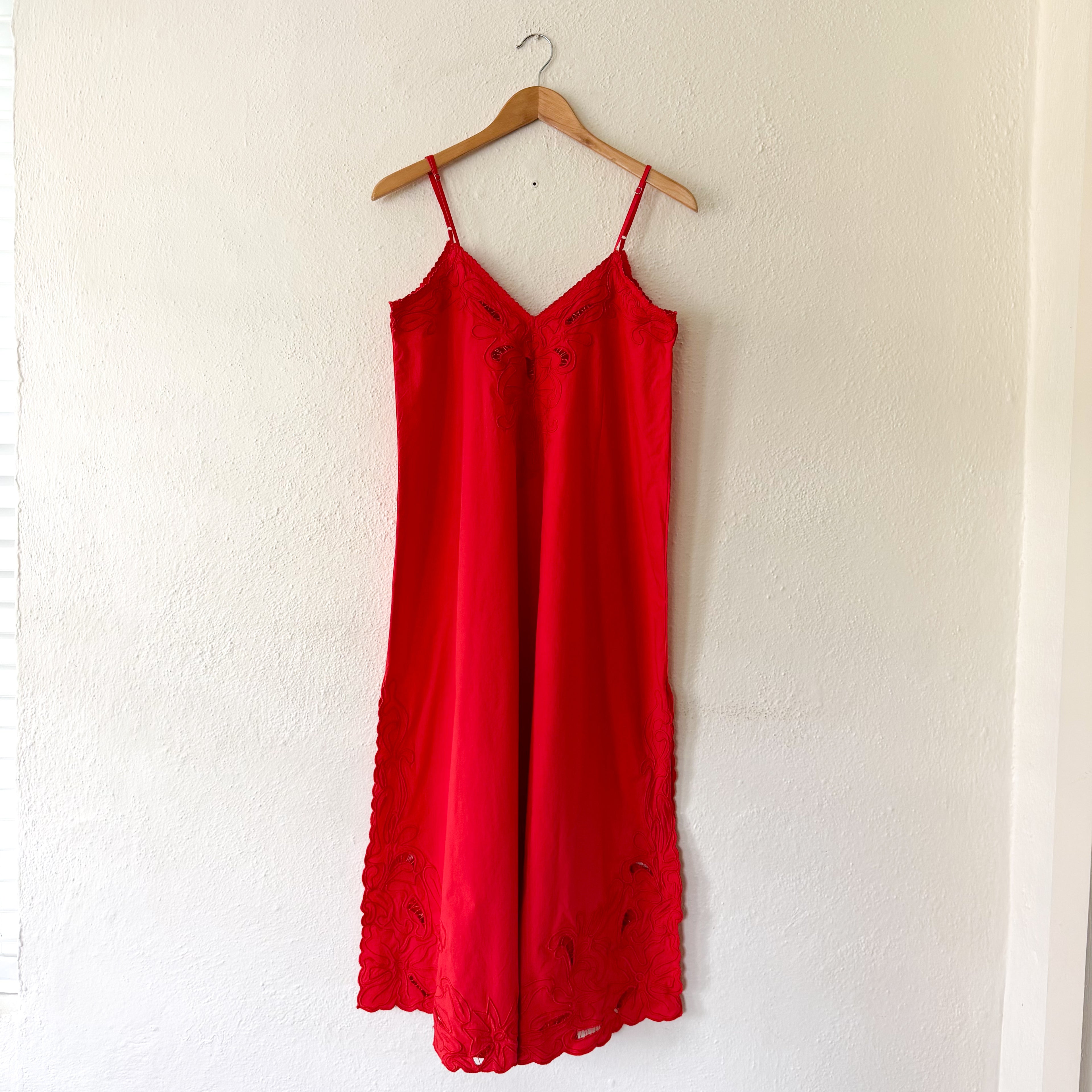Juliet Dunn London Red Wave Cotton Poplin Strappy Embroidered Lace Midi Slip Dress | sz 1 (S-4/6)