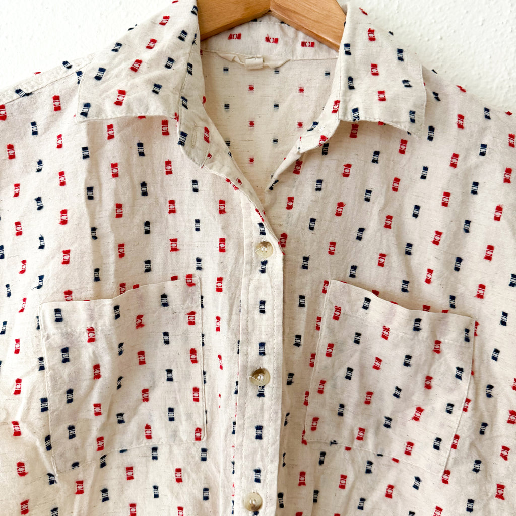 Sim & Sam Linen Blend Americana Red Blue Natural Button Down Shirt | S
