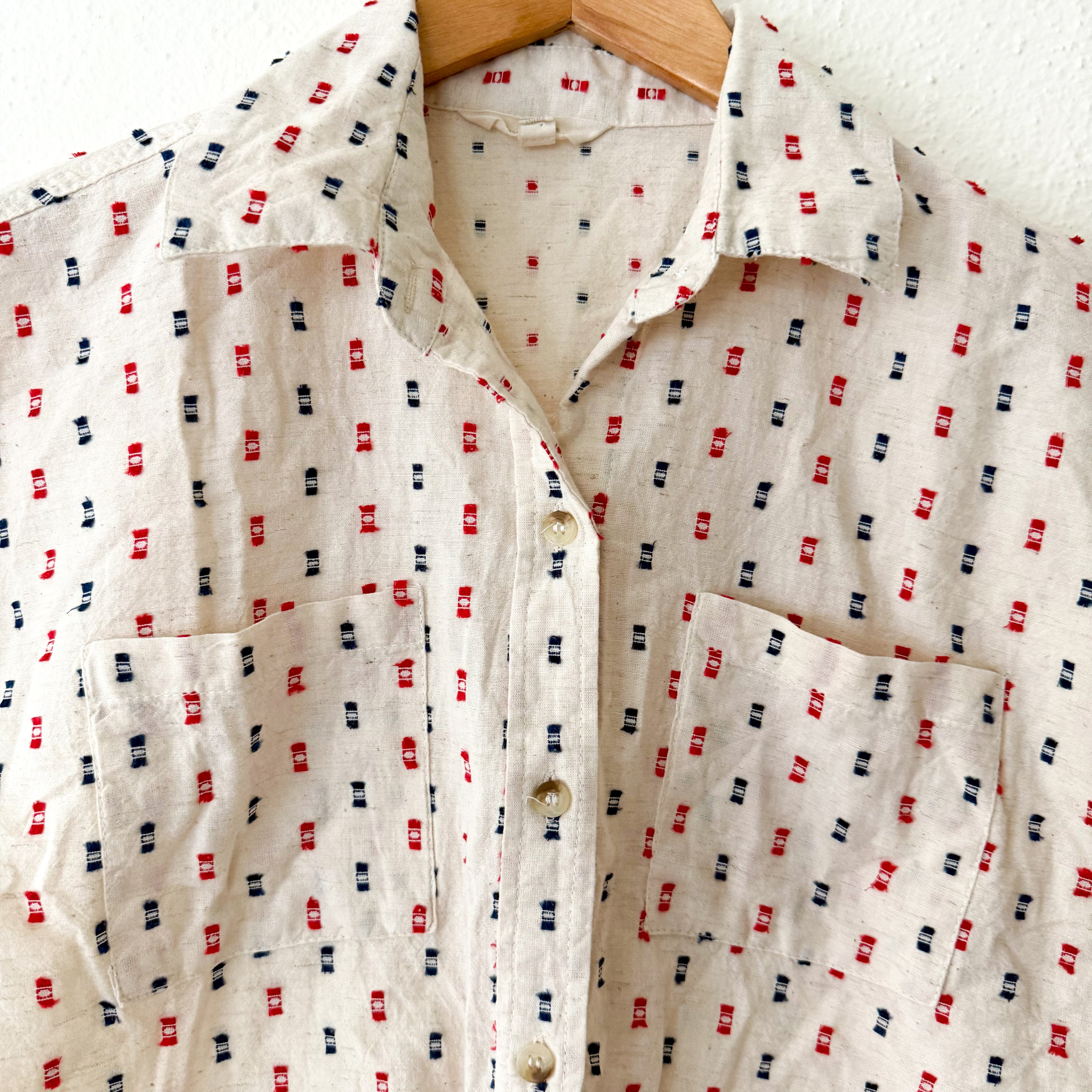 Sim & Sam Linen Blend Americana Red Blue Natural Button Down Shirt | S