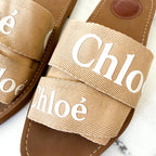 Chloé Woody Flat Logo Tan White Ribbon Slide Sandals, sz 37/6.5