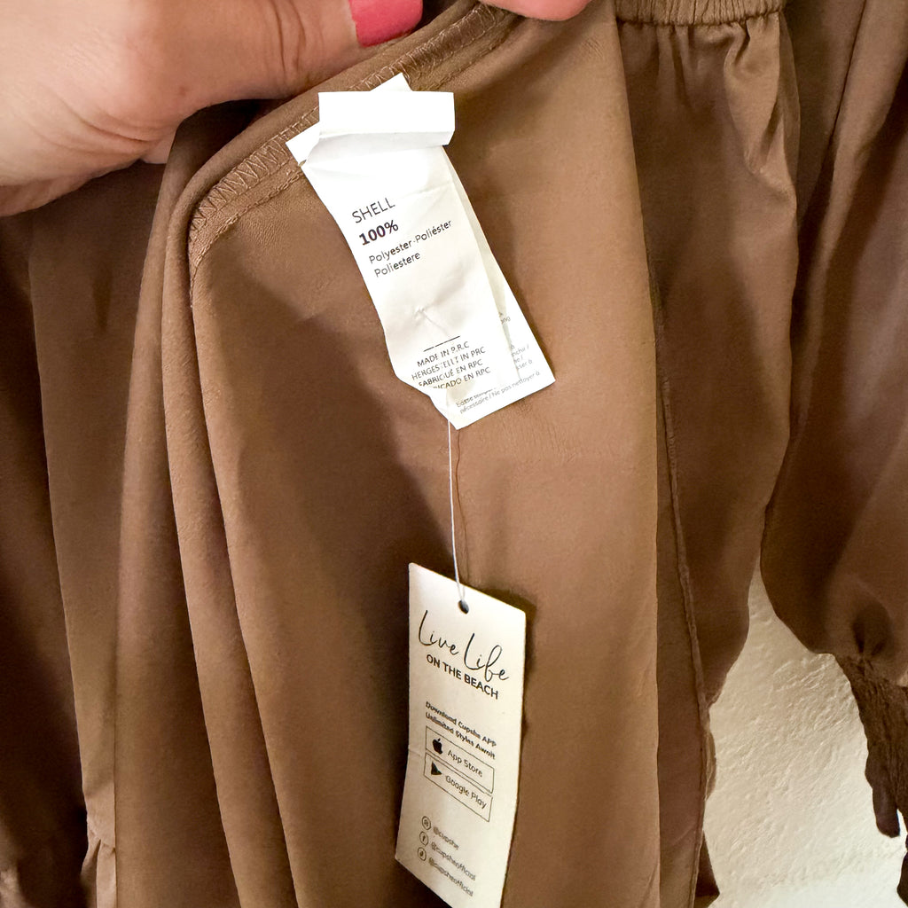 CUPSHE Brown Smocked Tiered High Neck Long Sleeve Maxi Dress | XS