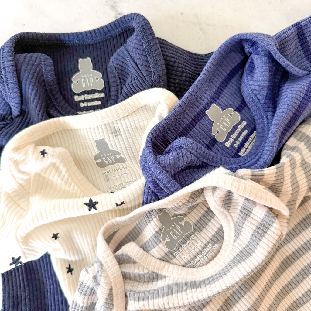 Baby Gap First Favorites Blue Cream Black Textured Short Sleeve Bodysuits Bundle x4 | sz 0-3m
