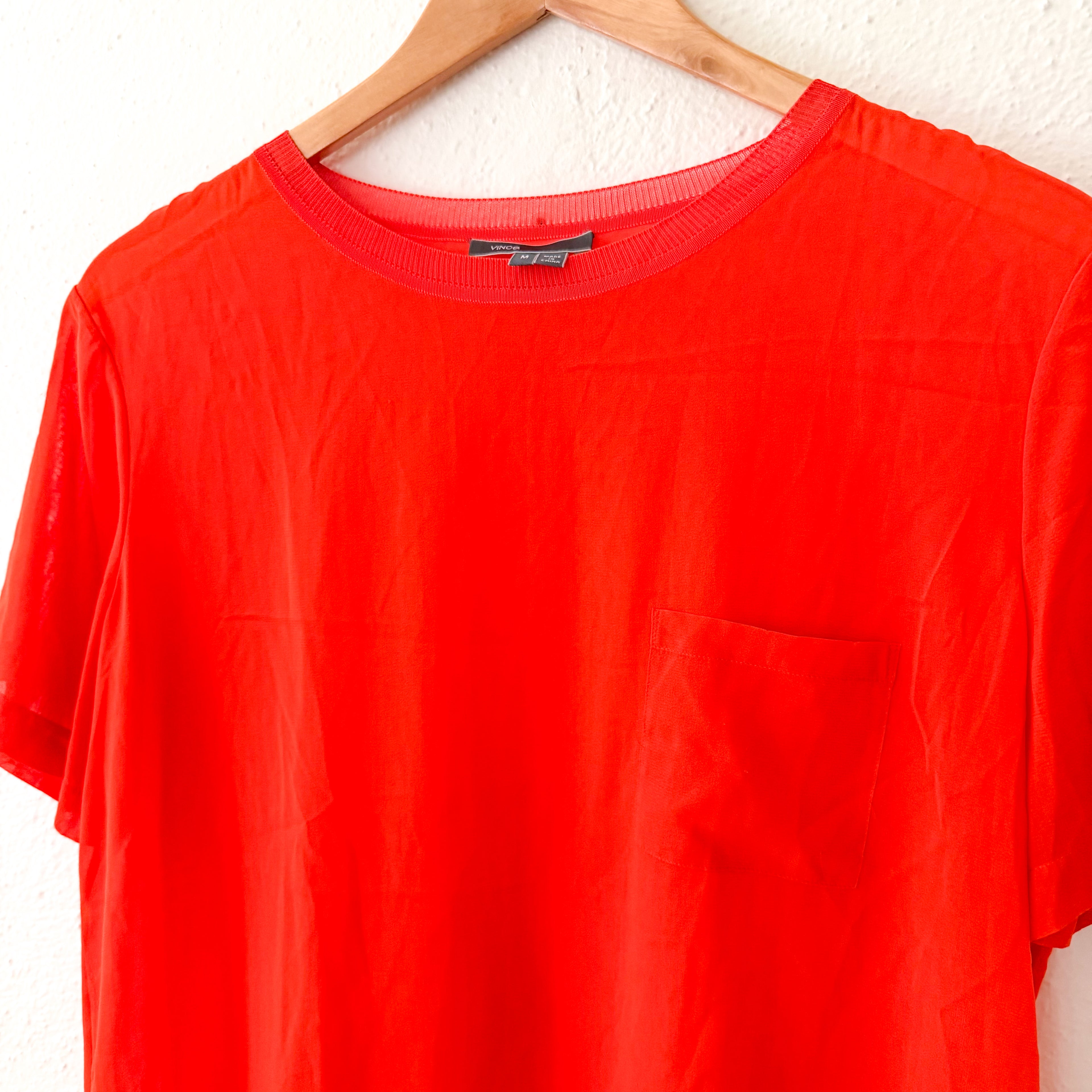 Vince 100% Silk Fire Orange Sheer Pocket Tee |  M