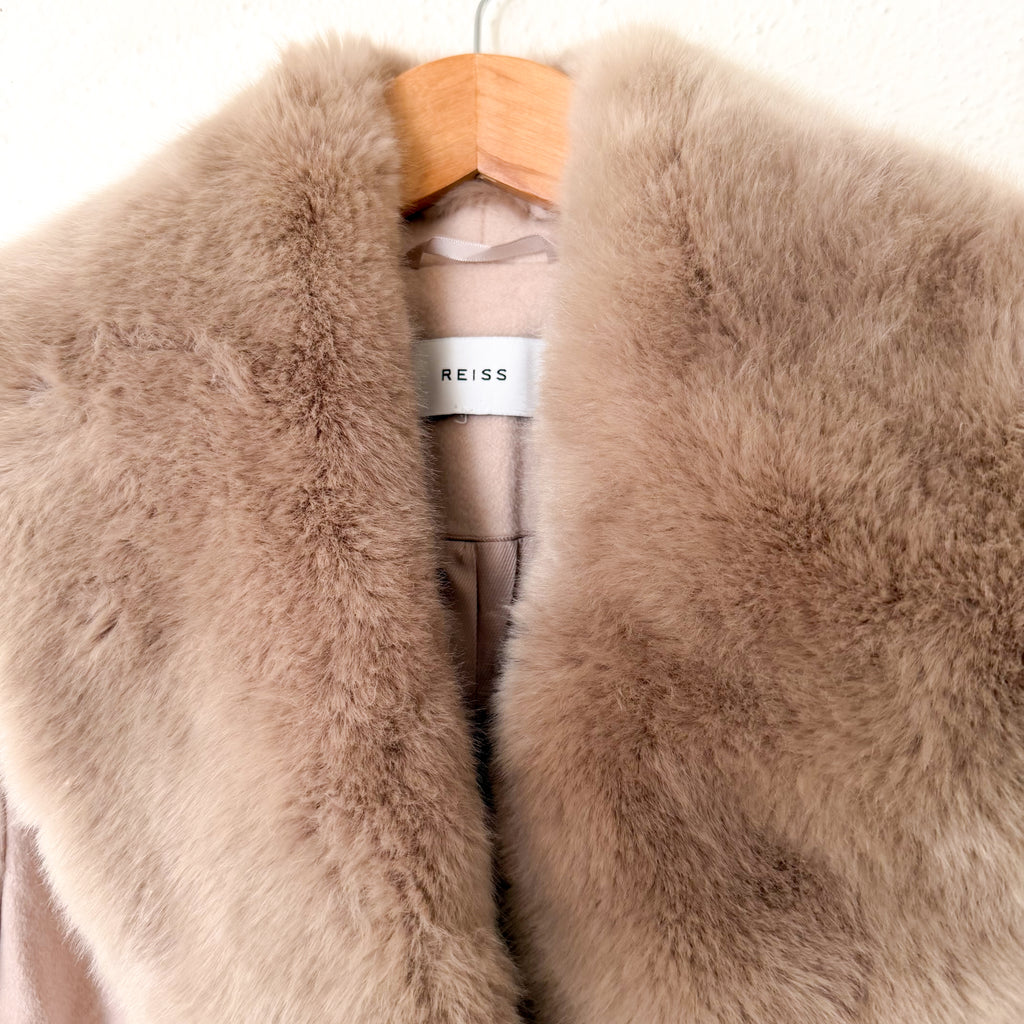 Reiss Dawson Full Length Belted Coat with Detachable Faux Fur Shawl Collar in Dusty Mauve | XS