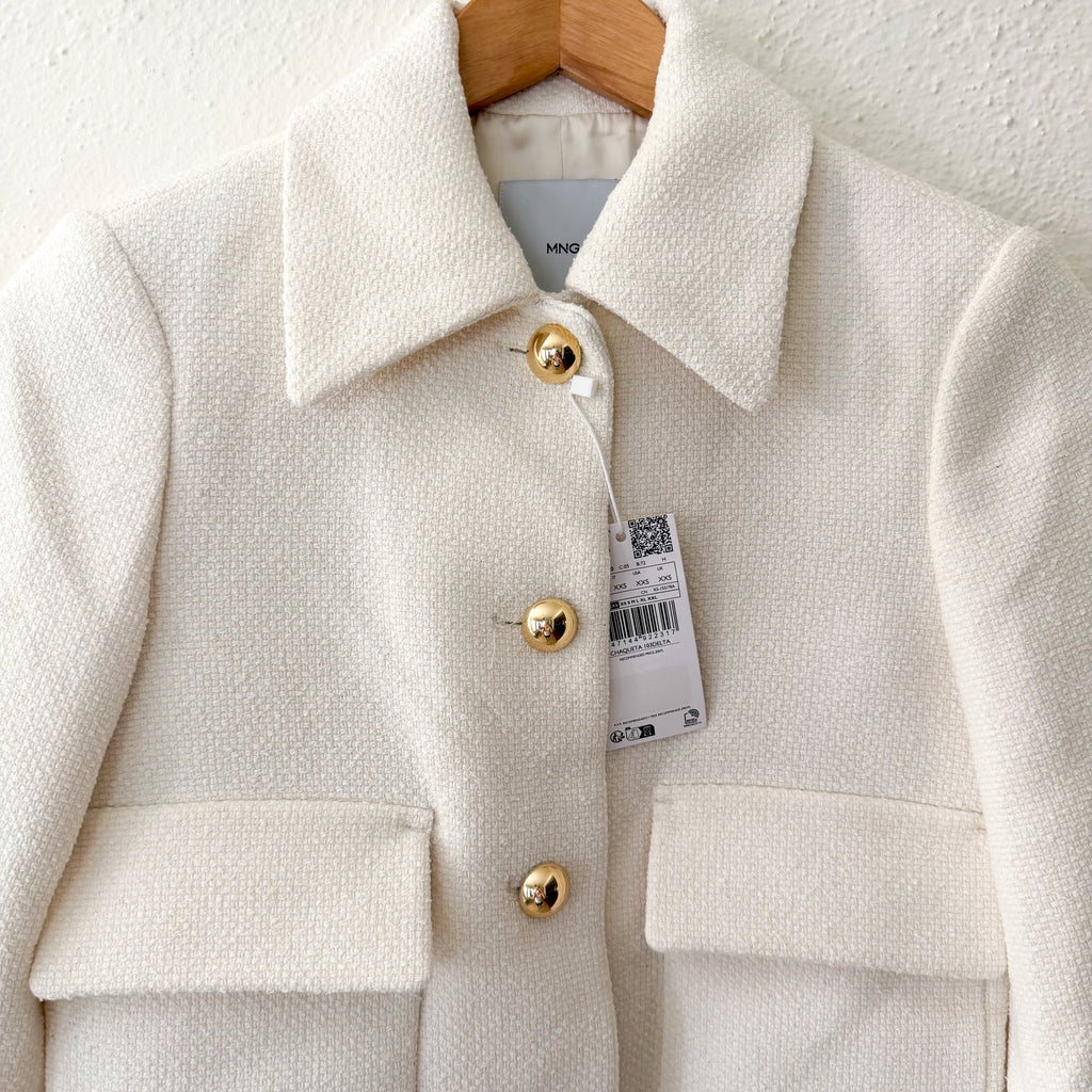 Mango MNG Textured Tweed Italian Fabric Jacket with Gold Buttons in Ecru | XXS