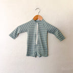 H&M Dusty Ocean Blue Cream Stripe Long Sleeve Zipper Swimsuit | 6-9m
