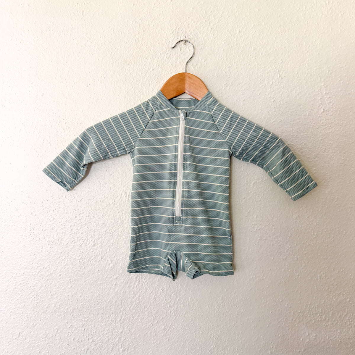 H&M Dusty Ocean Blue Cream Stripe Long Sleeve Zipper Swimsuit | 6-9m