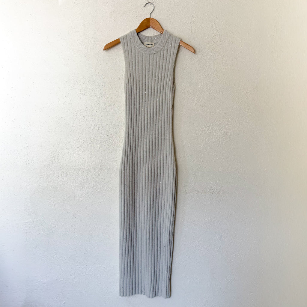 Open Edit Sleeveless Crewneck Sequin Ribbed Midi Sweater Dress in Ice Grey | XS