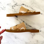 Chloé Woody Flat Logo Tan White Ribbon Slide Sandals, sz 37/6.5